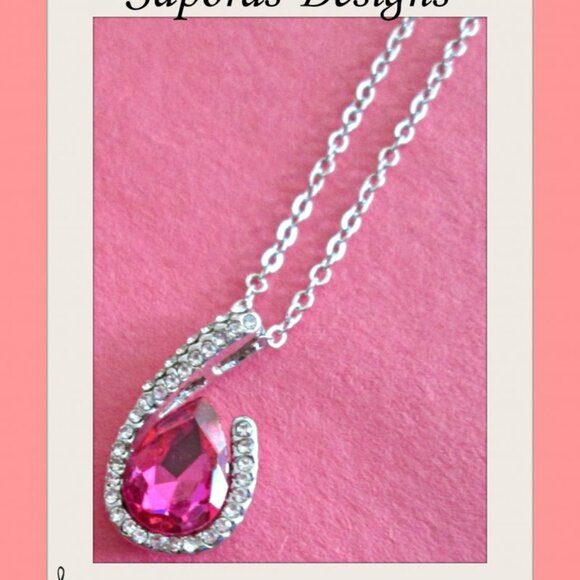 Silver Tone Necklace With Pink October Birthstone Crystal & Clear Crystals - Picture 1 of 1